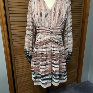 White House Black Market Rust, Cream and Black Printed Long-Sleeve Dress